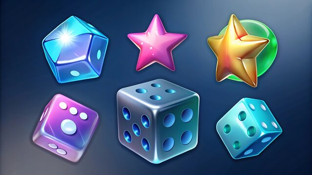 Colorful collection of shiny dice and star icons with reflective surfaces and gradient effects for game design projects