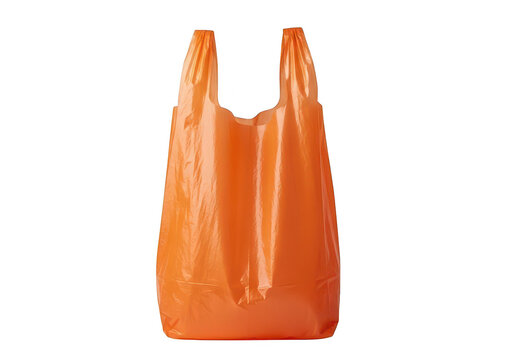 Orange plastic shopping bag with handles on transparent background carrier
