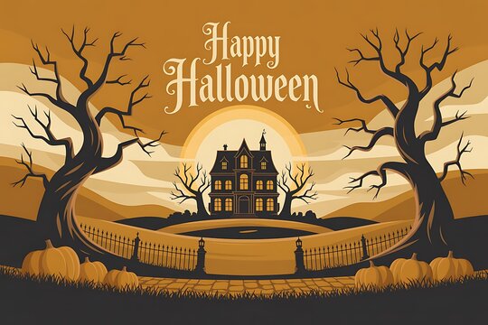 Spooky haunted house with silhouetted trees under a full moon for halloween