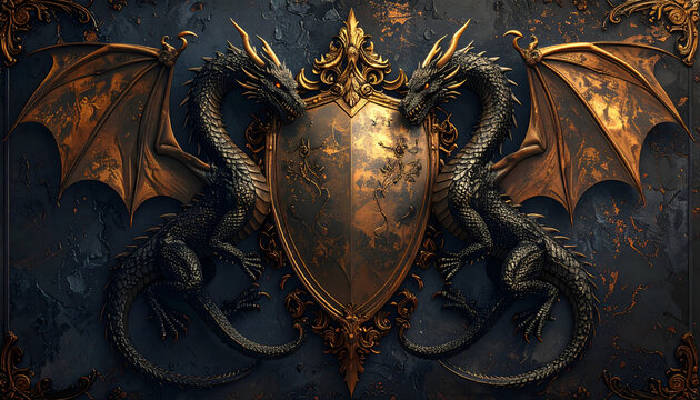 Pair of mirrored dragons forming heraldic emblem around shield showing gothic ornamental gold mood generative AI