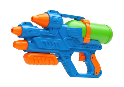Plastic water gun with orange nozzles on transparent background watergun