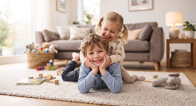 Happy brother and sister smiling and playing together on carpet in cozy living room