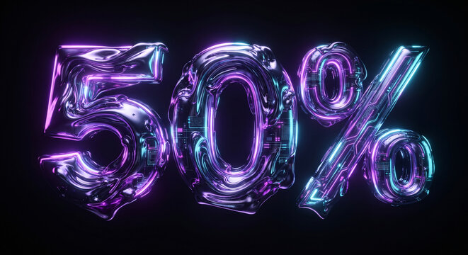 Futuristic 3d fifty percent discount sign with neon glow on dark background