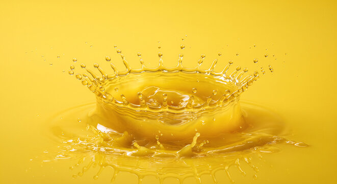 Close up of fresh orange juice crown splash on yellow background