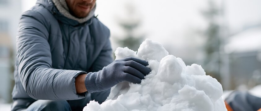 Playful winter joy captured as a man in a gray puffer jacket shapes a snowball with gloved hands. Perfect for seasonal campaigns, holiday content, and cold weather lifestyle branding.