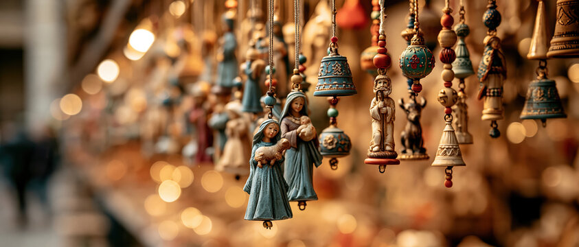 Festive wonder at a traditional Christmas market hand painted nativity figurines and decorative bells hang in warm bokeh light, evoking artisan craftsmanship and holiday nostalgia.