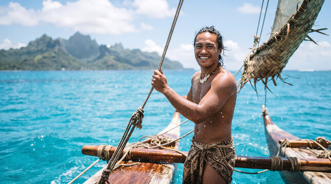 Smiling Polynesian man sailing traditional outrigger canoe in blue ocean