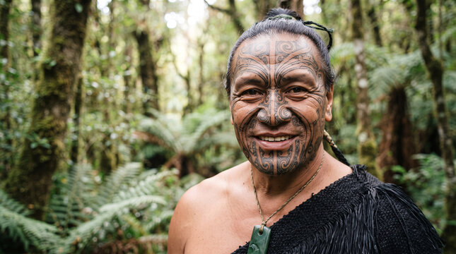 Portrait of smiling Maori man with traditional ta moko facial tattoo in forest