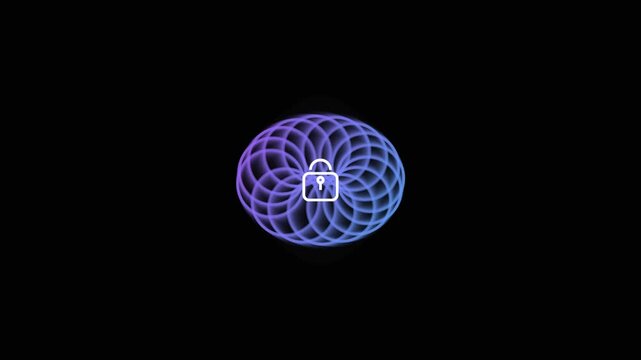 Digital padlock icon with glowing circular pattern animation on black background.