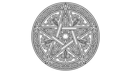 Naklejka premium Pentagram within ornate circular frame line art.