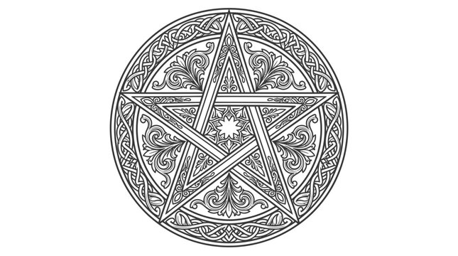 Pentagram within ornate circular frame line art.