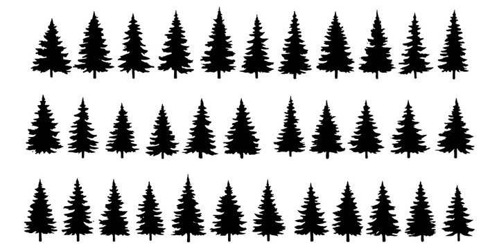 Forest trees set. Isolated vector silhouette. Coniferous forest. Christmas tree, fir-tree, pine, pine-tree, Scotch fir, cedar. A minimalist vector graphic illustration of a mountain landscape with pin