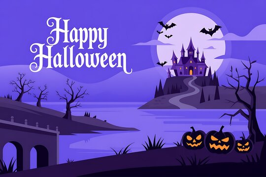 Spooky halloween night scene with a castle silhouetted against a full moon