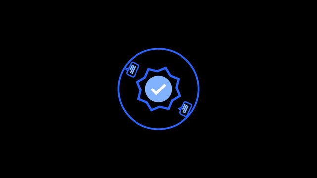 Verified checkmark icon animation with chat bubbles in digital cyberspace motion.