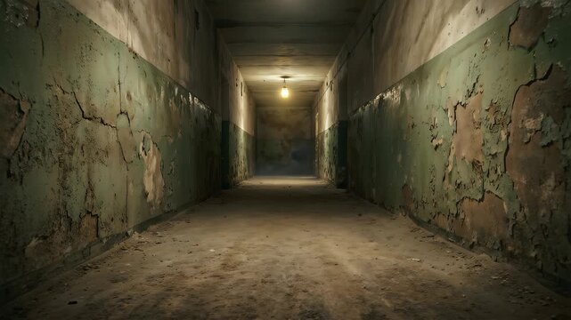Ghostly shadows moving through a dark abandoned corridor. 4K Video