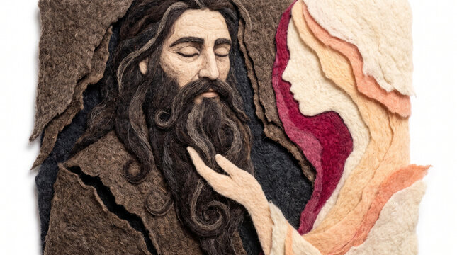 Man with a beard and woman touching his facial hair in felt artwork  