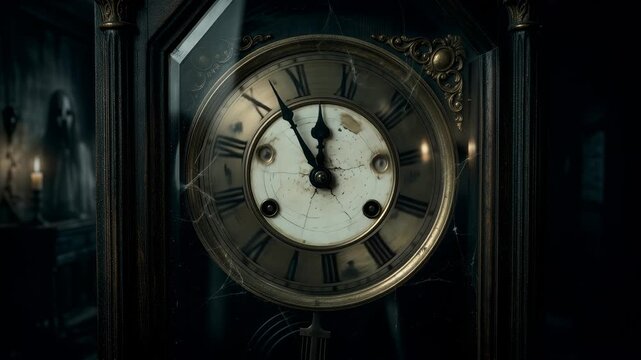 Vintage clock face at midnight with ghostly apparition. 4K Video