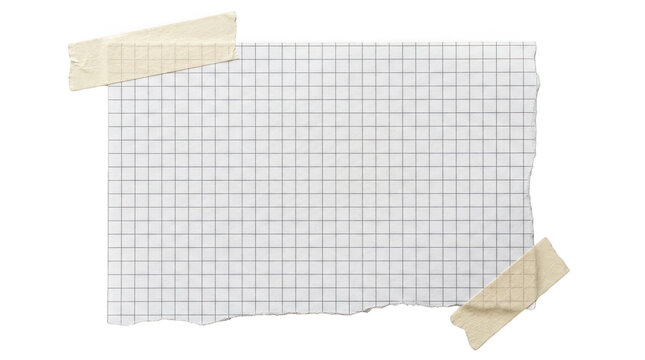 Torn piece of graph paper with masking tape isolated on transparent background