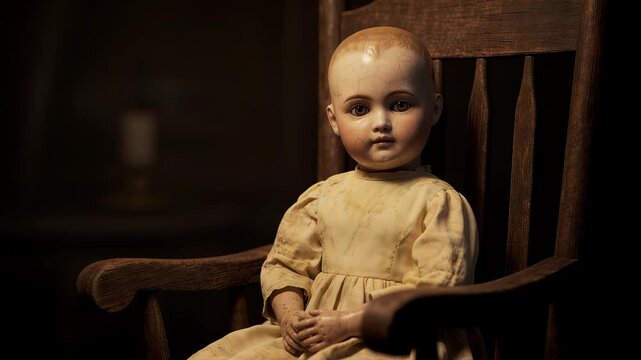 Creepy vintage doll sitting in a wooden rocking chair by candlelight. 4K Video