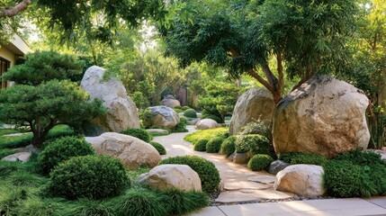 Fototapeta premium Serene garden pathway with rocks and lush greenery