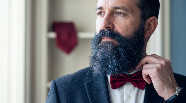 Mature man adjusting bow tie while looking thoughtfully indoors  