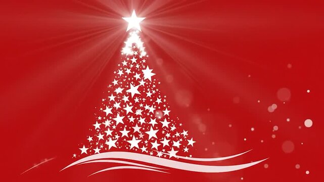 Festive christmas tree made of sparkling white stars and glowing lights on a vibrant red background