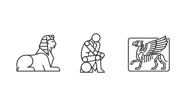 Minimalist line art icons depicting historical and mythological symbols including an egyptian sphinx, a thinker, and a griffin.
