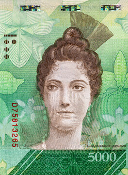 5000 Bolivares, Venezuela banknote fragment with portrait of Luisa Caceres de Arismendi. Paper money of Venezuela