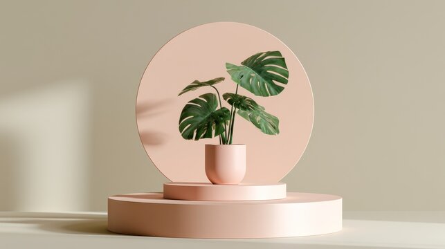 Potted plant on display pedestal with circular background