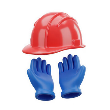 3d rendered image of a red hard hat and blue gloves against a white background