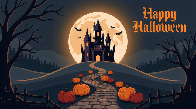 Spooky haunted castle on hill under full moon with pumpkin pathway and halloween text.