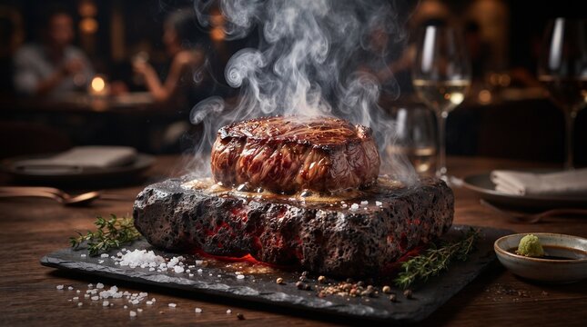 Sizzling grilled beef steak on hot volcanic stone, gourmet meat fillet with rising steam, luxury restaurant dining experience