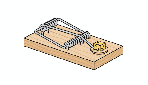 Classic wooden mousetrap illustration with metal spring mechanism and small piece of yellow cheese as bait for pest control.