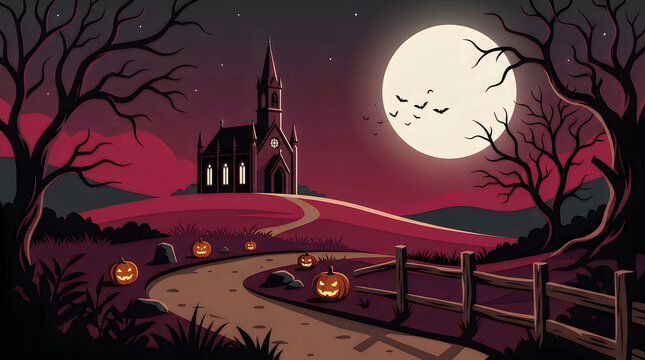 Haunted church on hill under full moon with pumpkin-lined path and barren trees.