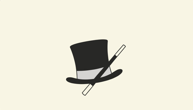 Magician top hat with a silver band and a magic wand representing mystery performance and entertainment for stage shows and parties.