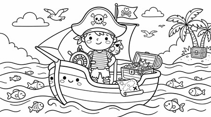 Naklejka premium Cute cartoon boy pirate sailing a ship near a tropical island, black and white coloring page for kids.
