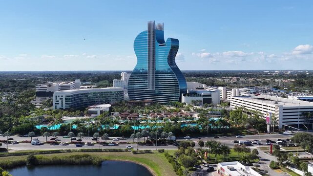Seminole Hard Rock Hotel In Hollywood Florida United States. Amazing Skysrapers And Traffic On Street Viewed From Above. Downtown Cityscape. Urban Backgrounds. Hollywood Florida.