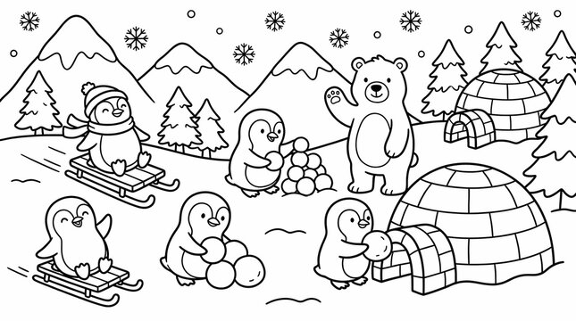 Cute cartoon penguins and a polar bear playing in a snowy winter landscape with igloos and mountains as a children's coloring page.