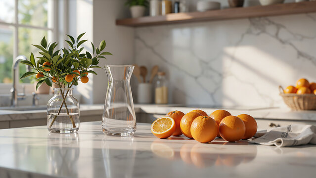 Inviting modern kitchen scene with fresh oranges green branches in vases natural light on a white marble counter vitamin c sunlight interior healthy food lifestyle domestic vitamin