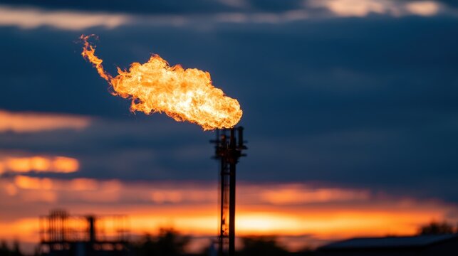 Industrial flare stack burning gas against twilight sky