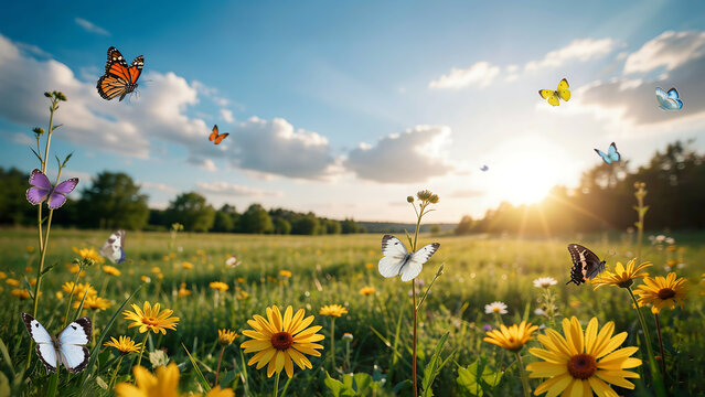 Butterflies fluttering over a sunny meadow with wildflowers blue sky butterfly wildflowers sunlight wildlife outdoors landscape peaceful ecosystem