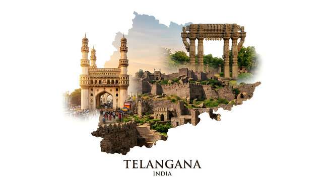 Telangana state map with iconic landmarks. Indian heritage sites on regional geography.