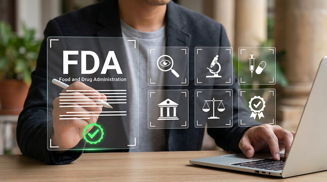 Businessman using stylus and laptop with FDA approval compliance screen icons