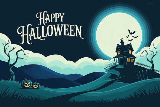 Spooky halloween landscape with haunted house silhouetted against a full moon