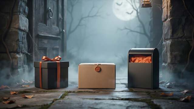 Spooky halloween night scene with gifts and a fireplace full moon fog haunted trees gift box holiday season halloween seasonal