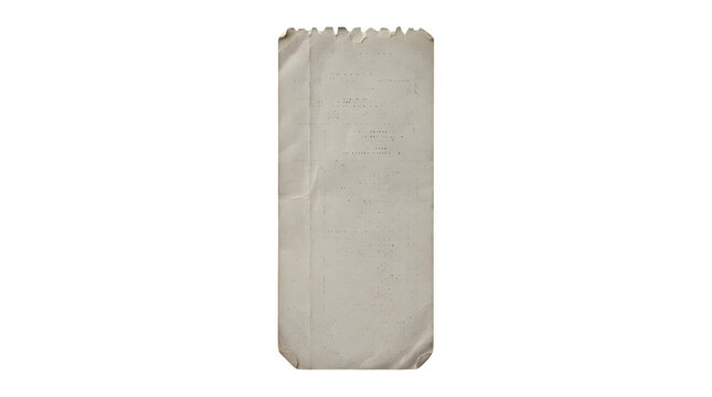 Vertical narrow strip of weathered vintage paper with jagged top edge vertical weathered fragment parchment textured scrapbooking material stationary as isolated object
