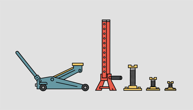 Professional automotive lifting tools featuring a blue hydraulic floor jack along with a heavy duty red jack stand and screw jacks.