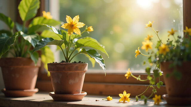 Potted yellow flowers on a windowsill bathed in warm sunlight with windowsill sunlight peaceful botanical