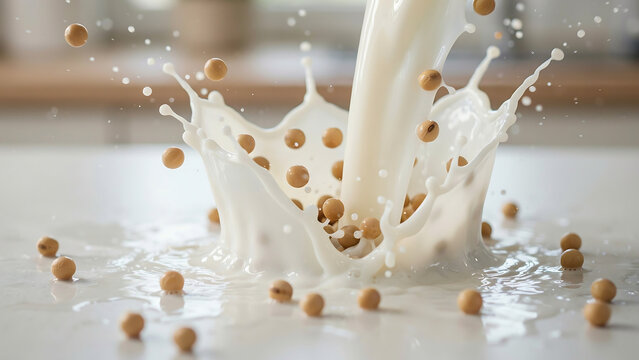 Soy milk splashing into a bowl of soybeans with a crown splash dairy free high speed soybeans breakfast beverage ingredients close-up droplets