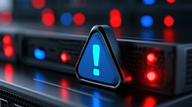 Warning symbol on server rack with blinking lights
